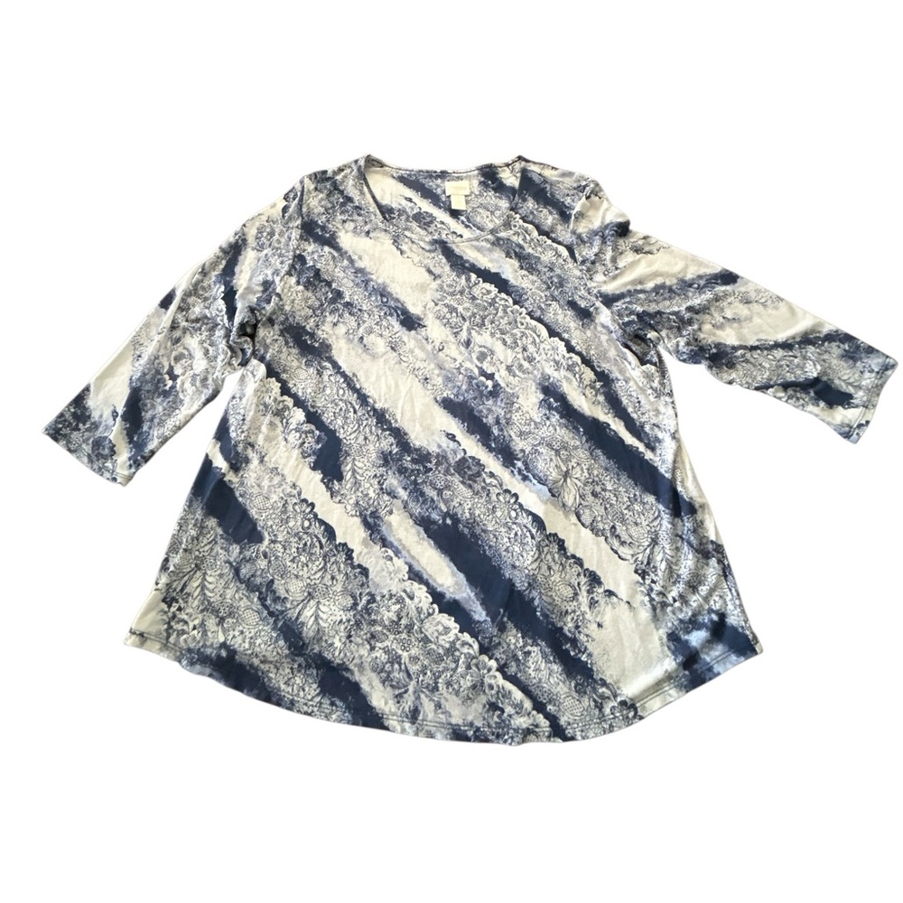 Chico's Woman Navy and White Scoop Neck Printed Long Sleeve Top SZ 3/16/XL EUC - Picture 2 of 11